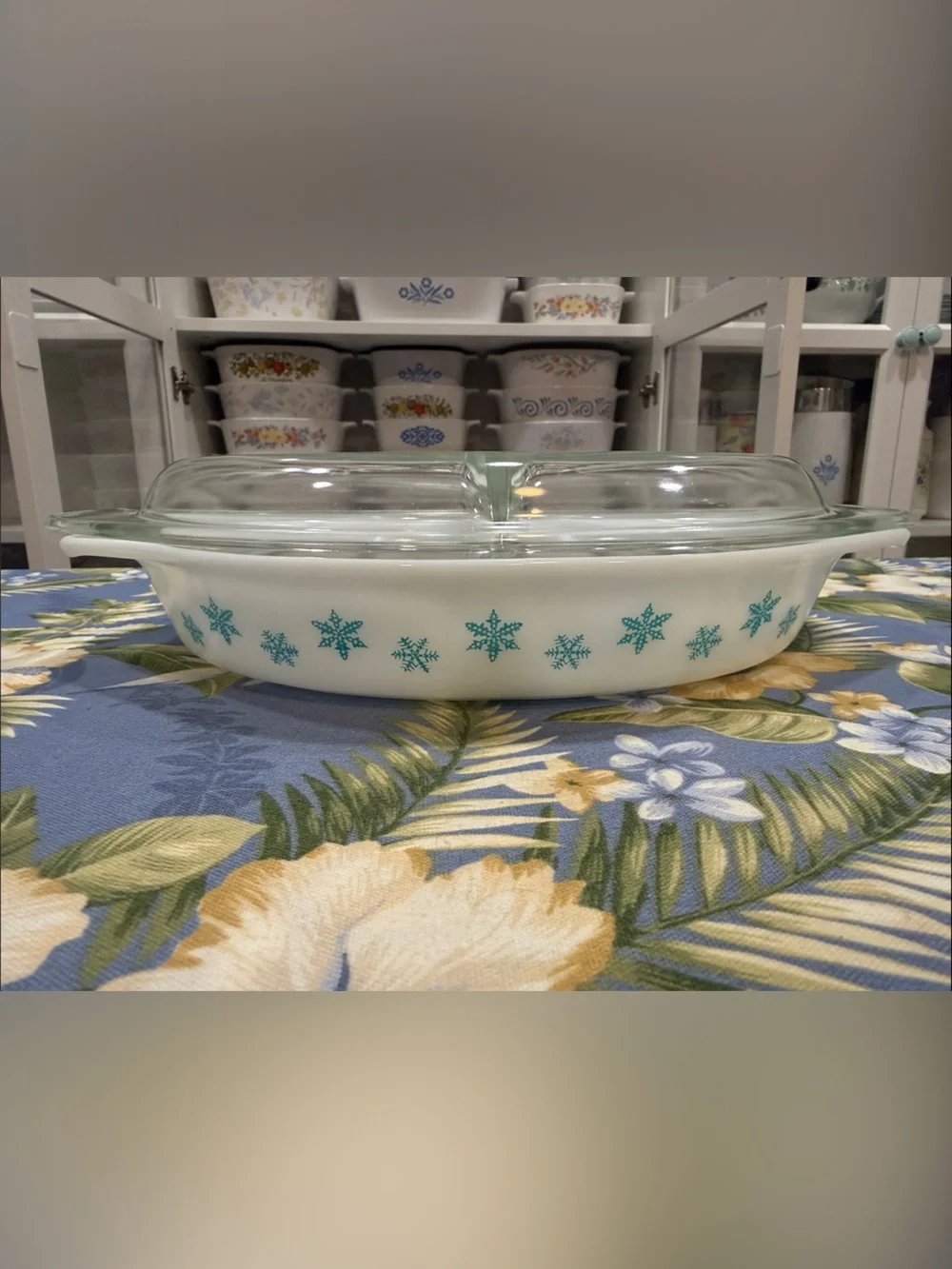 Pyrex White Milk Glass Snowflake Divided Casserole Dish with Clear Glass Lid